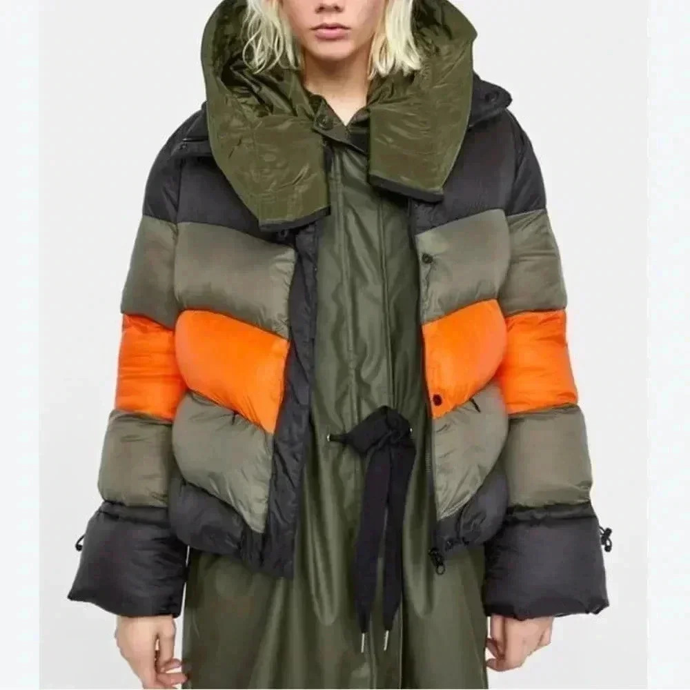 [S] Zara short puffer coat black orange green quilted color  blocking